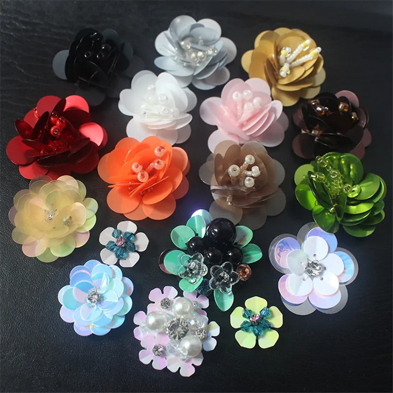 10pcs Small Sequin Patches Beaded Cloth Flowers DIY Clothing Accessories Sweater Decorated 3D Flower Patch for Clothes Bags Sock