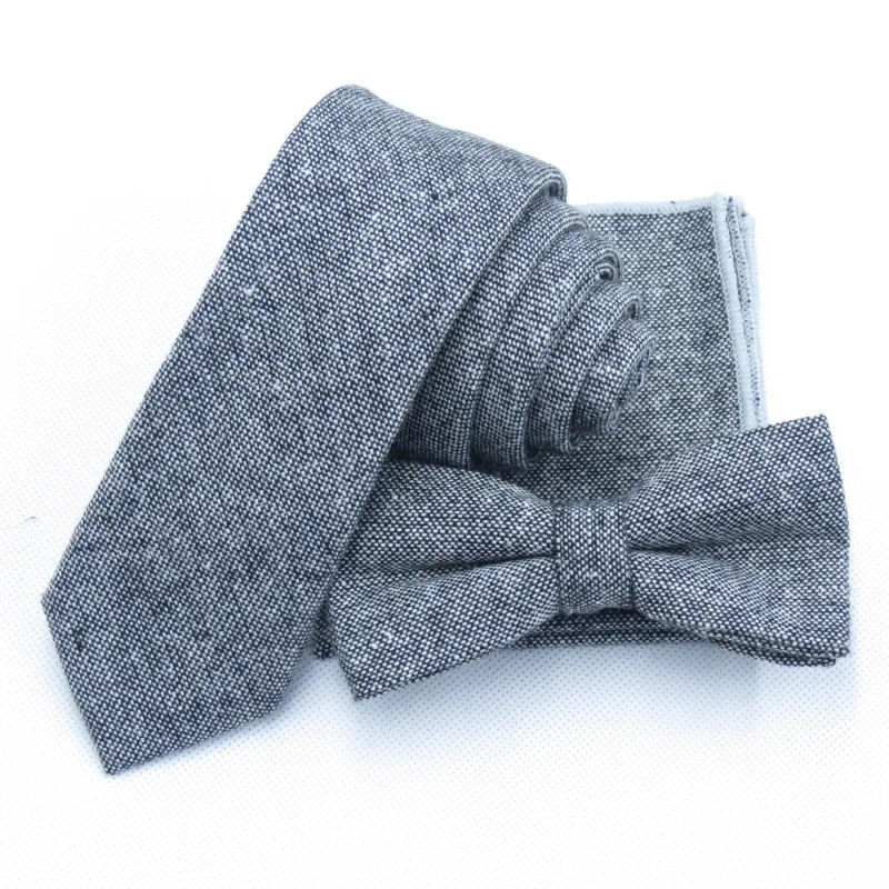 Dark grey Tie men necktie set gray white bowties cravat set pocket square Stereoscopic sense ties Wool texture tie