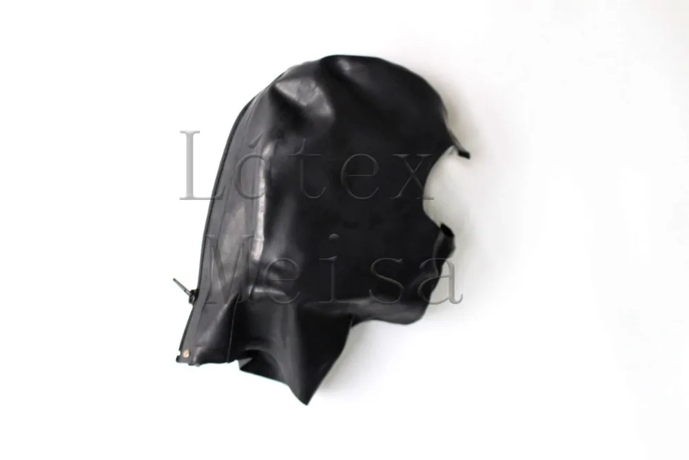 Black head Latex hoods open half face and with rolling mouth and attached back zip for adults