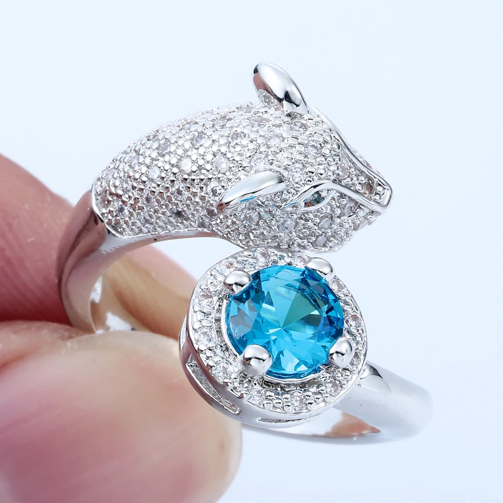 Hot Sale Distribution silver Plated leopard head rings Fashion Jewelry animal blue crystal cz men wedding ring for women