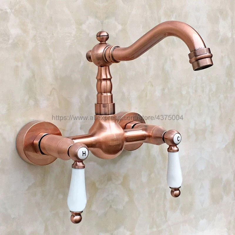 Antique Red Copper Wall Mounted Basin Faucets Double Handle Dual Hole Bathroom Sink Washbasin Water Mixer Tap Nrg035