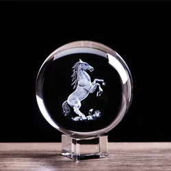 3D Laser Etched Zodiac Horse Crystal Ball Miniature Animal Collectible Figurines Feng Shui Glass Sphere Home Art Decor Accessory