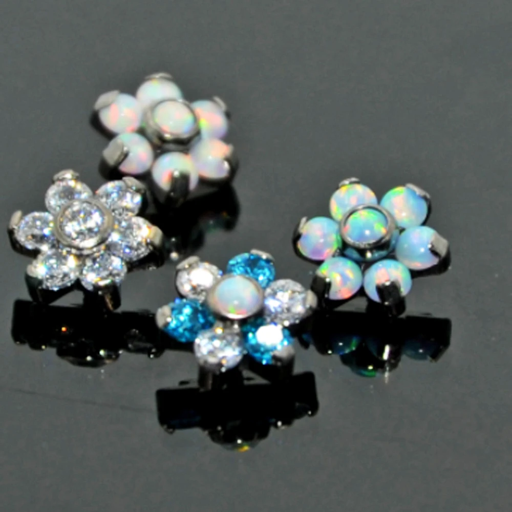 BOG-10 Piece G23 Titanium Opal Gem Labret Lip Bar Ring Opal&Zircon Flower Ear Cartilage Tragus Helix Piercing Screw Fit Top 16g