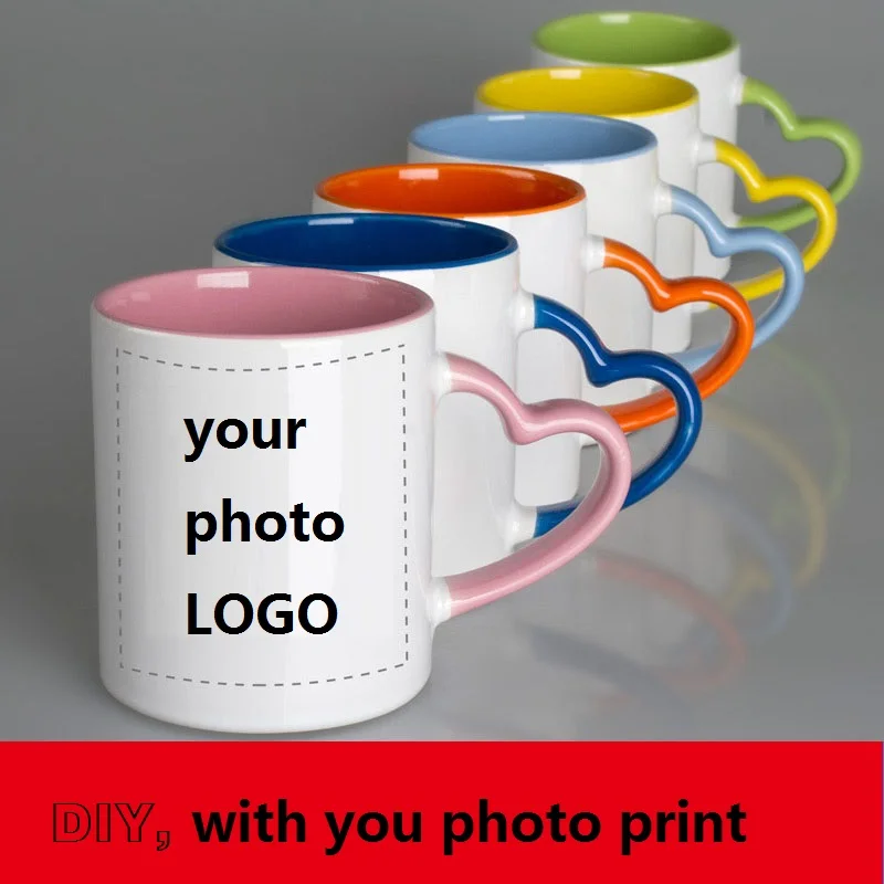 Ceramic Mug DIY Photo Heart Shape Handle Inside Different Color Choice Cup Customized Pictures LOGO Name Text Creative Cut Gifts