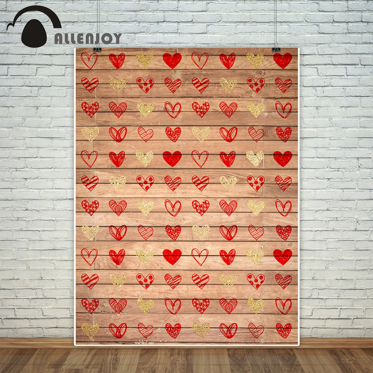 Allenjoy backdrop for photographic studio 14 Valentine's Day Vintage wood board red golden hearts background Romantic photocall