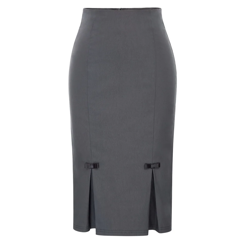 

Belle Poque OL Women Pencil Skirts Retro Bow-Knot Split Solid Hips-Wrapped Bodycon Knee Length Skirts Business Office Work Skirt