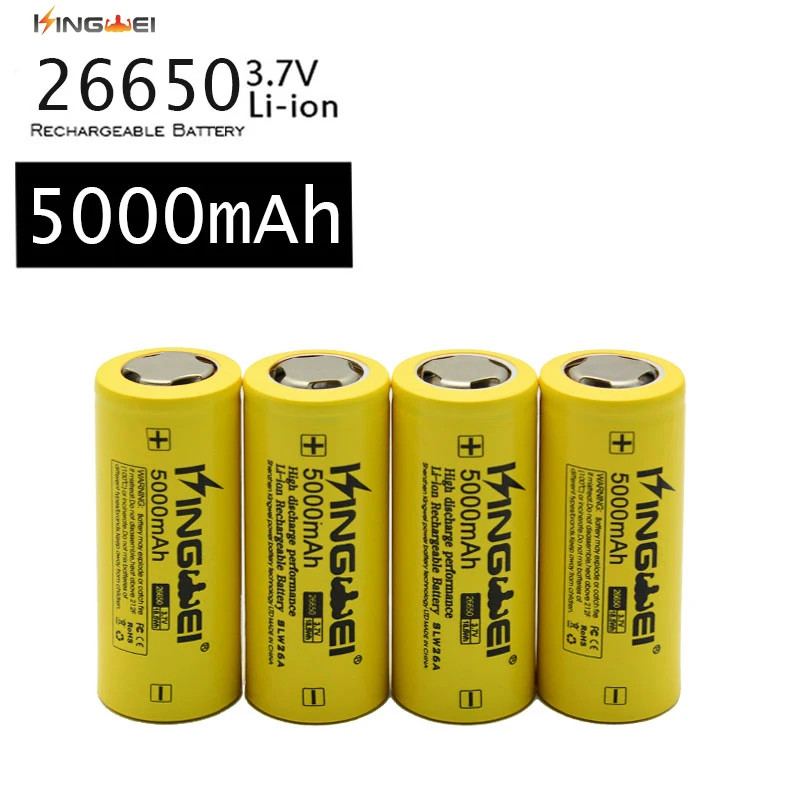 

Brand New 10Pcs/lot 26650 KingWei 3.7v Li-ion Rechargeable Batteries Yellow 5000mAh Battery for Flashlight