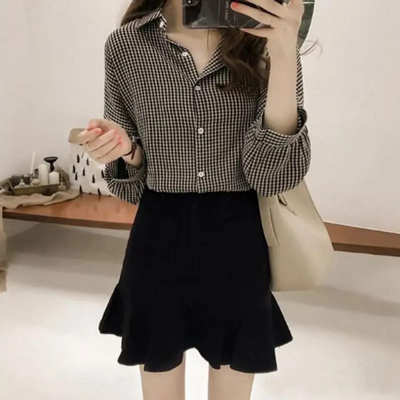 Wanita Blusas Musim Semi Musim Gugur Blus Kantor Wanita Slim Hitam Kemeja Wanita Lentera Lengan Panjang Blus Plus Ukuran Tops Kemeja Kasual