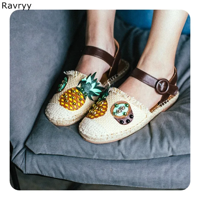 Cane Shoes Woman sandals pineapple ananas appliques bling bling studed decor flats 2018 summer comfortable female casual shoes