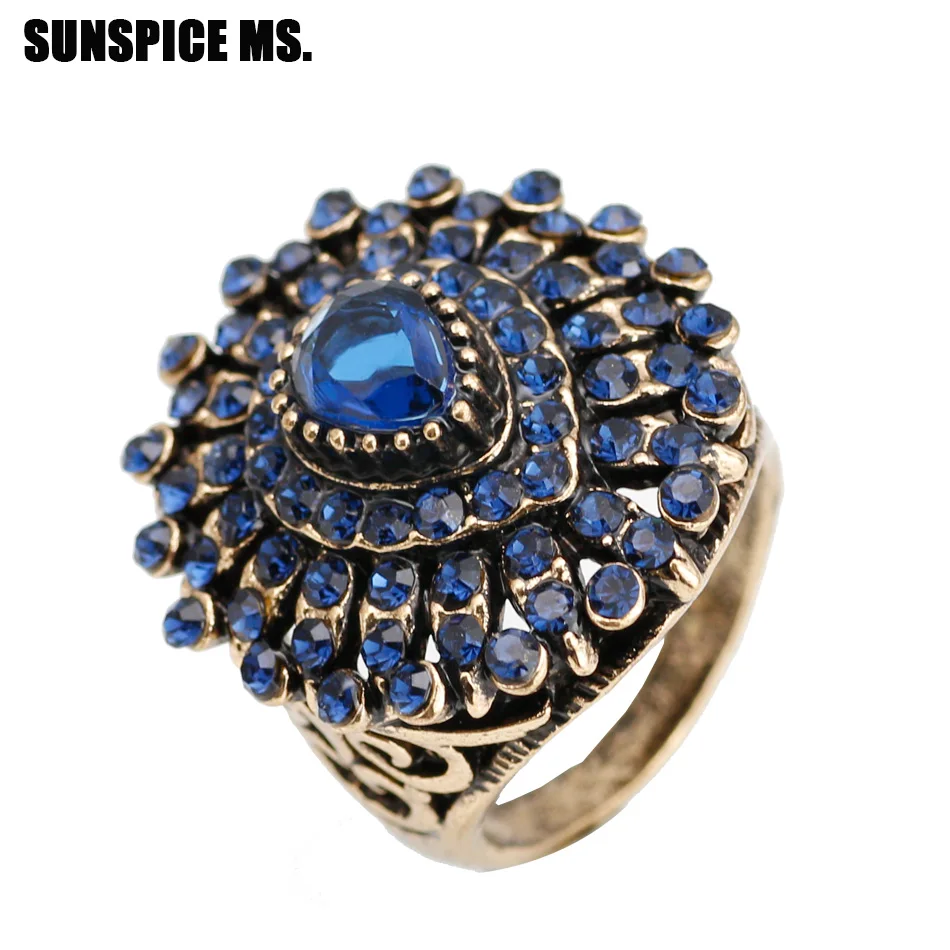 Bohemia Ethnic Wedding Rings Full Rhinestone Red Stones Antique Gold Color Indian Vintage Water Drop Resin Women Rings Jewelry