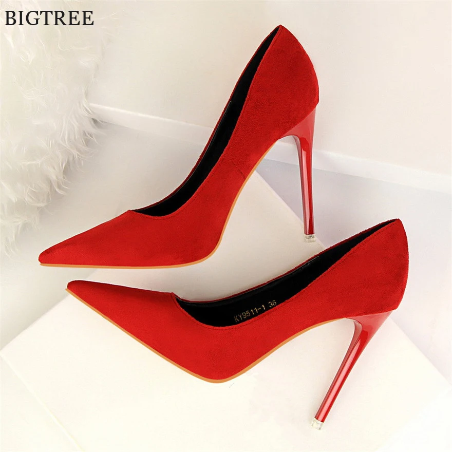 Concise Shallow Ladies Office Shoes 2022 New Soft Flock Pointed Toe Women Pumps Fashion High Heels Red Wedding Bride Shoes Woman