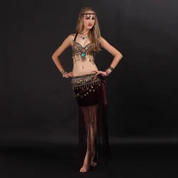 Size S-XL Belly Dancing Clothes Tribal 2pcs Set Coins Bra, Tassel Hip Scarf Tribal Belly Dance Costume Set Performance