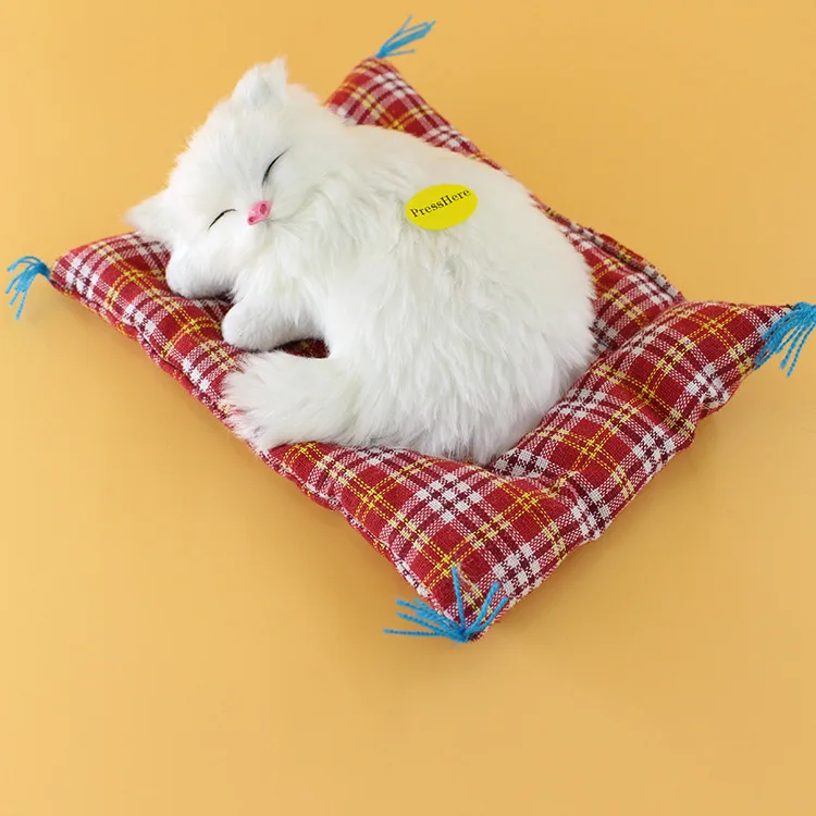 artificial cat model with mat ,polyethylene&fur sounds miaow white cat about 12x9cm handicraft home decoration gift b1600