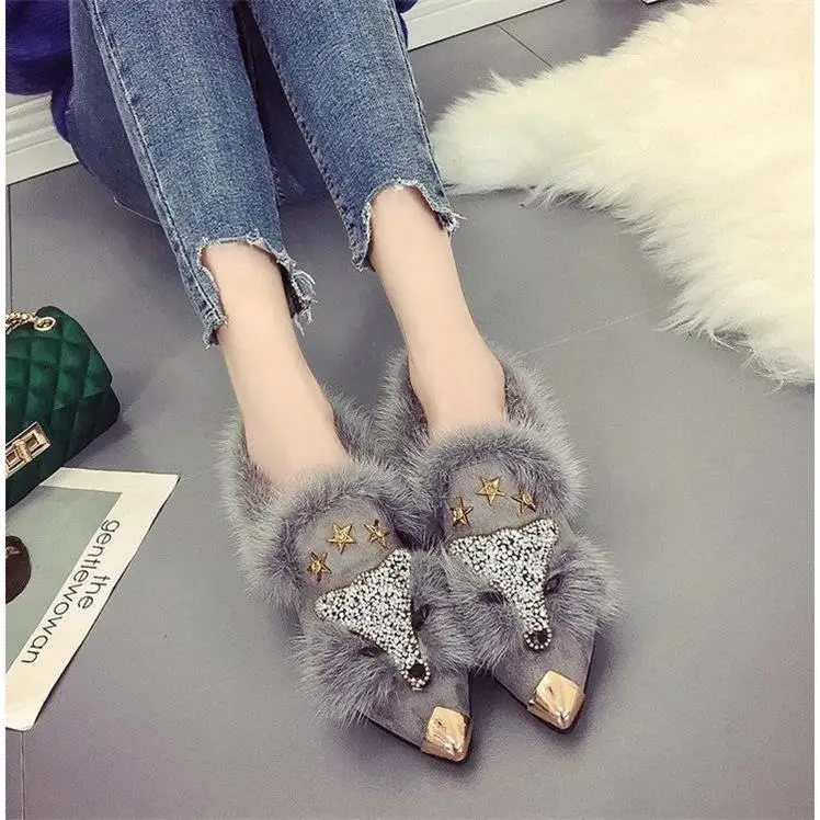 Autumn/Winter Pointed Toe Women Flats Shoes Crystal Plush Women Slip-On PU Casual Flat Shoes Women Plush Flat Shoes