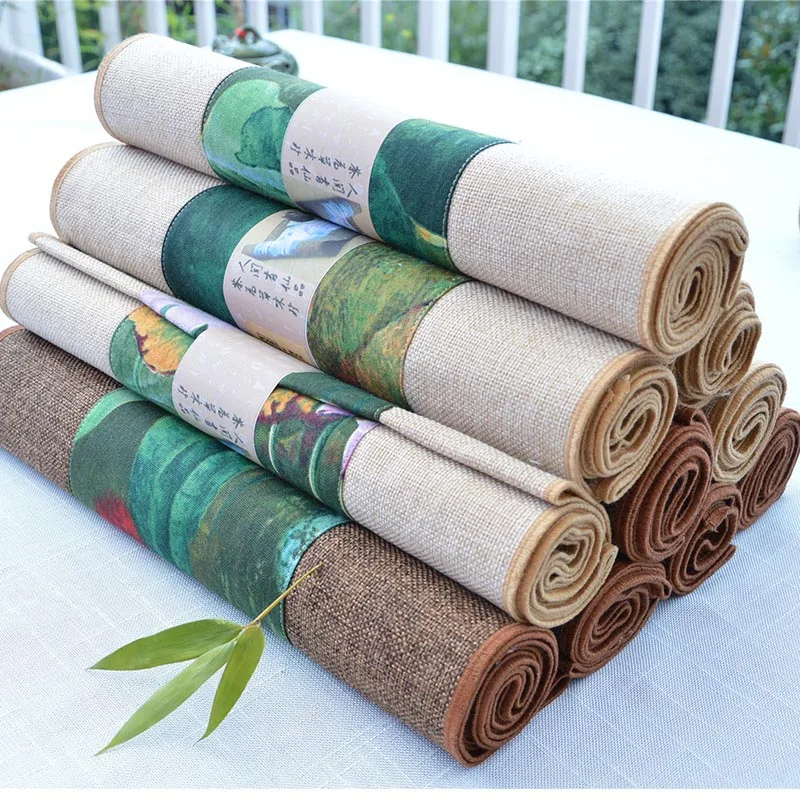 

Chinese Style Vintage Pattern Table Runner Home Dinner Table Decoration Cotton Flax Mats Office Kung Fu Tea Set Pad Tea Napkins