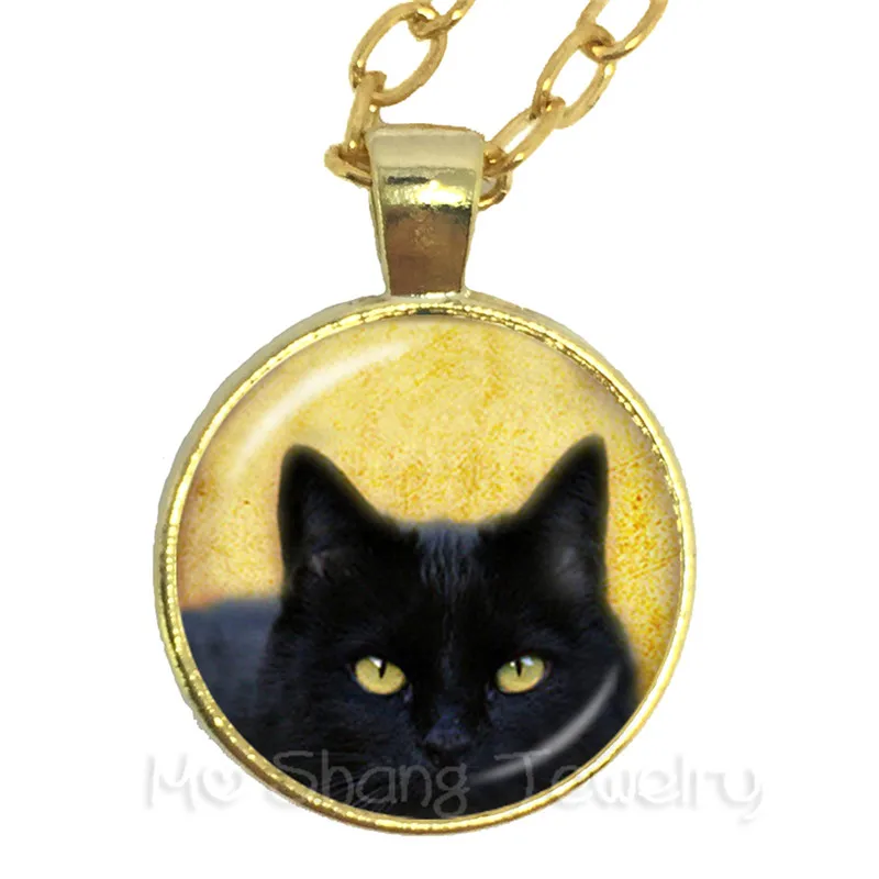 Black Cat Peeping Picture Round Glass Dome Necklace Animal Pattern Series Pendant Cat Lover Gift Handmade Fashion Sweater chain