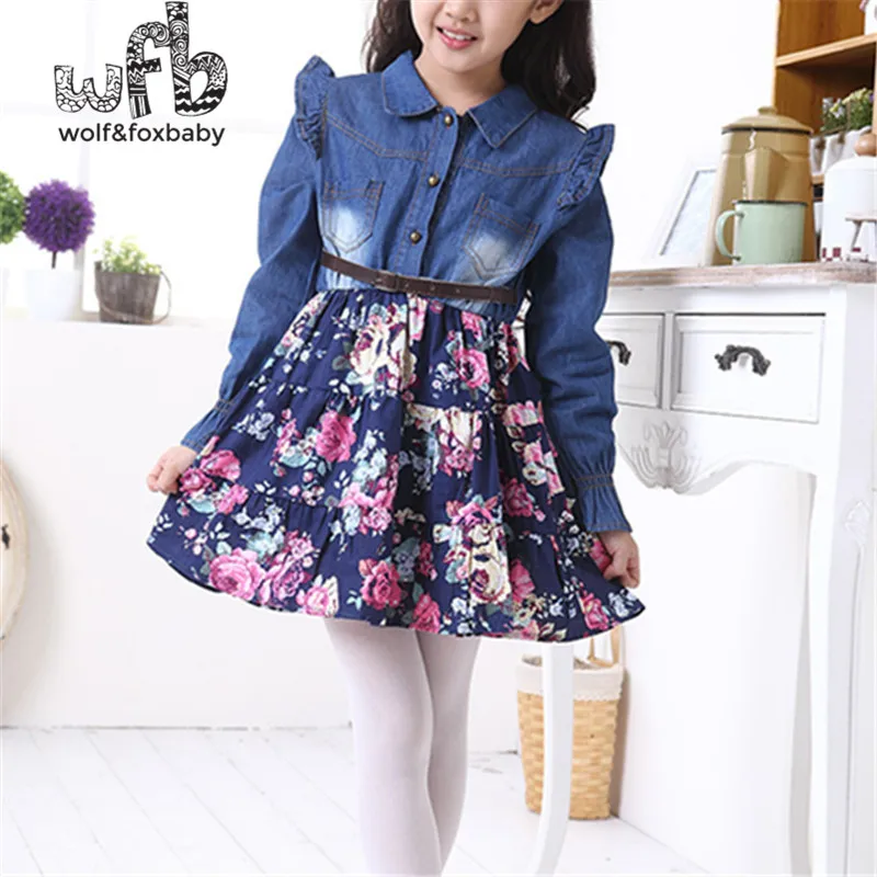 Retail 2-6 years dress full-sleeves Splicing floral Denim dress lovely kids children spring autumn fall