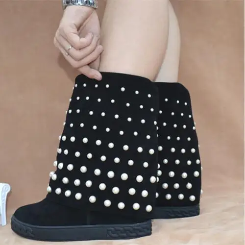 

Brand C Women Wedges Suede Leather Boots Women Height Increasing Platform Pearls Studded Women Winter Boots EU 41