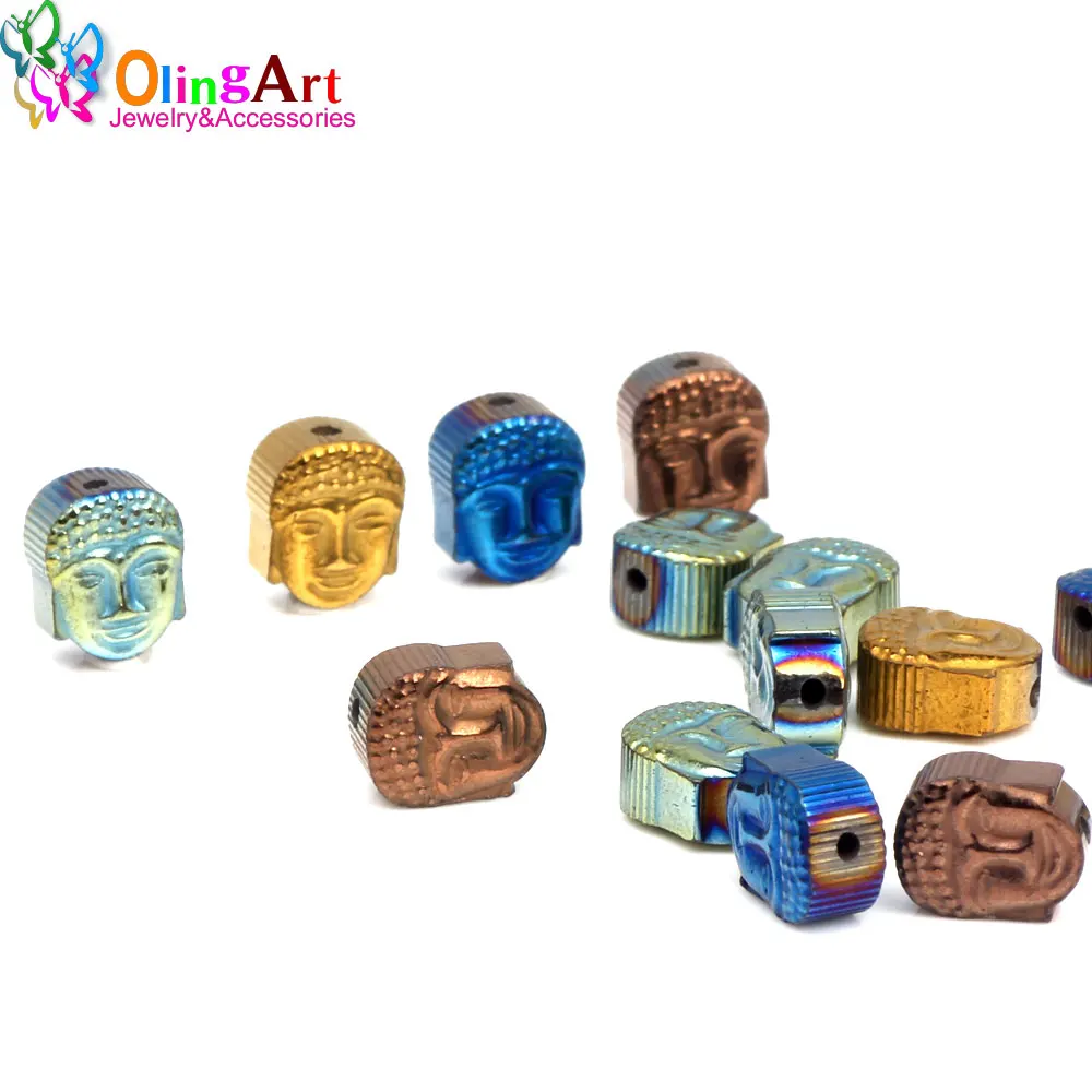 OlingArt 8MM 24pcs Natural Stone Black Hematite Beads Metal plating color Buddha head DIY necklace Bracelet jewelry making