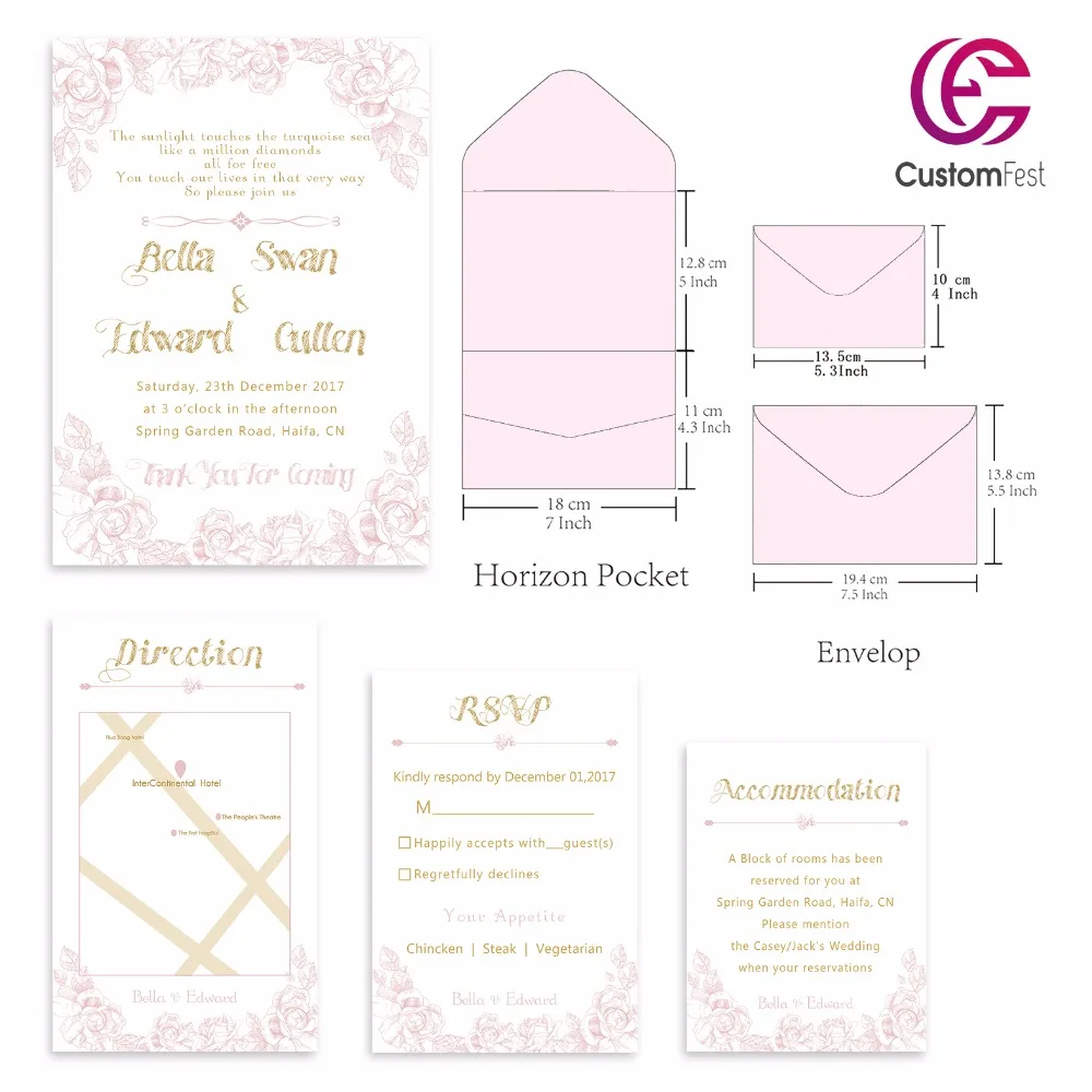 

30pcs/lot personalized pocket kit Pink and gold floral pocket envelop+matching envelop+card+RSVP free shipping PKEE031V103