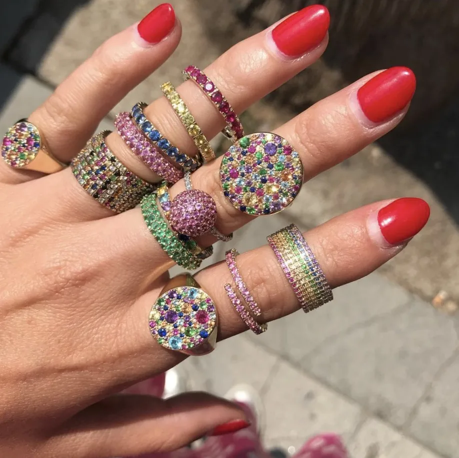 Gold filled geometric multi color rainbow CZ engagement ring size 5 6 7 8 eurpean women gorgeous trendy finger big rings