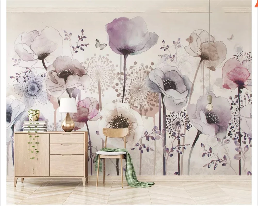 beibehang Eco-friendly silky papel de parede 3d wallpaper watercolor hand-painted style lilac flowers beautiful TV background