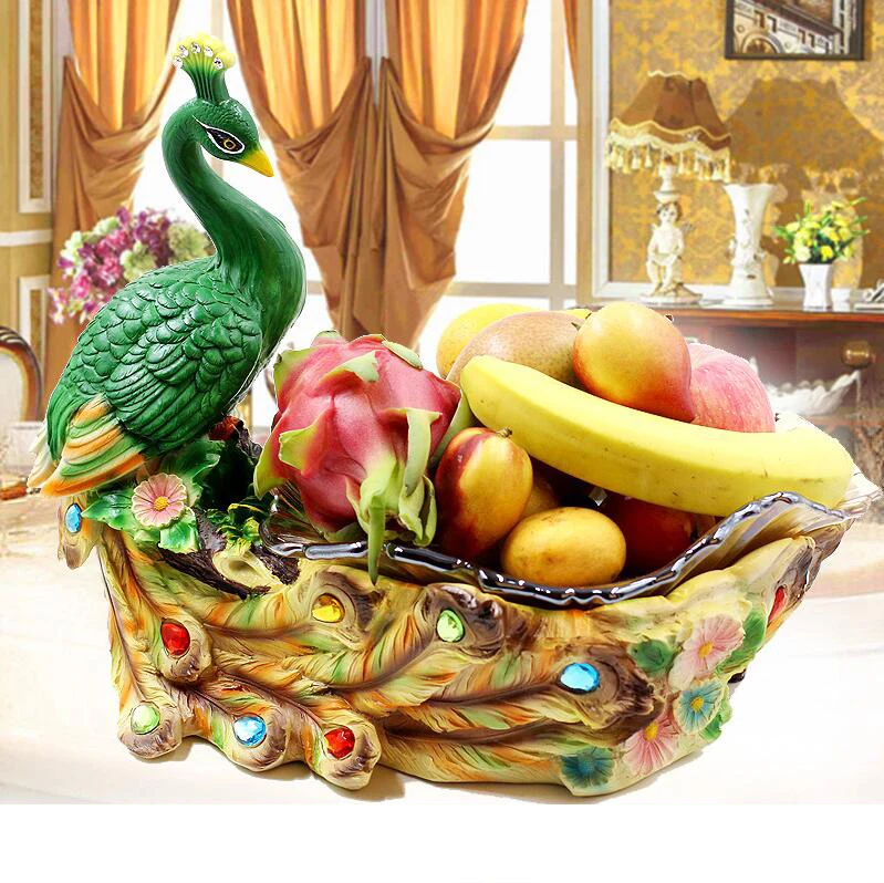 European Luxury Resin Peacock Glass Fruit Plate Ornament Crafts Decoration Office Home Furnishing Desktop Figurine Wedding Gift