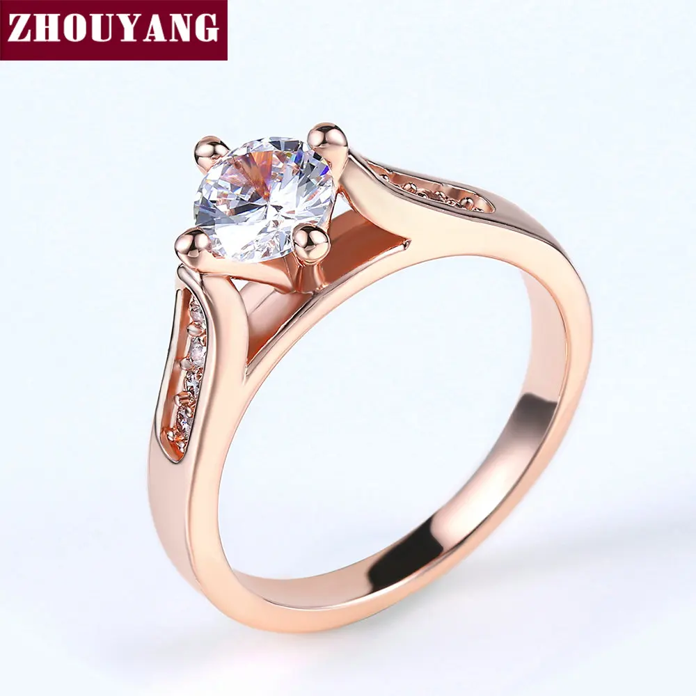 ZHOUYANG Engagement Wedding Ring For Women Classic Prong Setting CZ  Rose Gold Color Fashion Jewelry Lover\'s Ring R064 R065