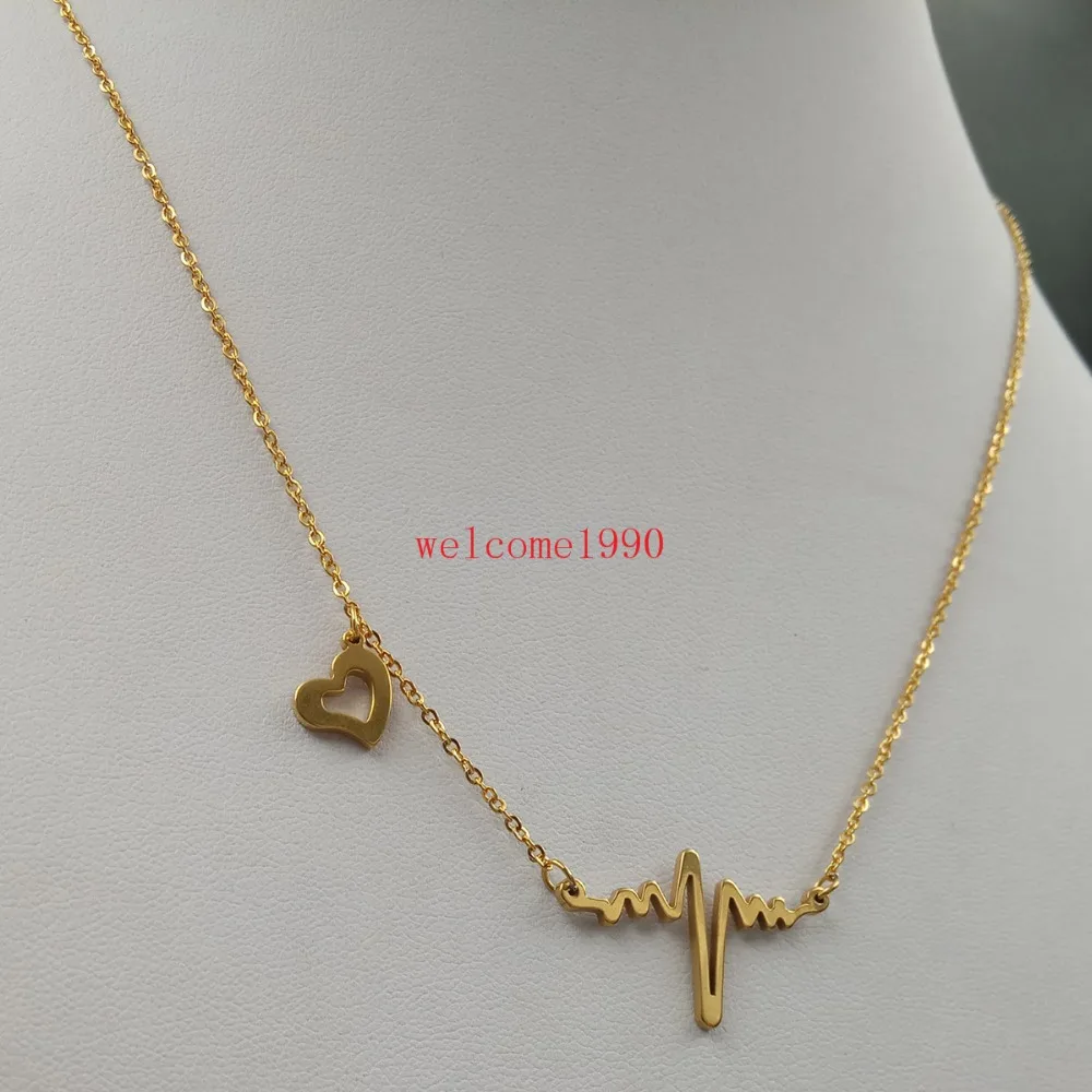 

12pcs/lot in bulk stainless steel gold color Heartbeat Rhythm with Dangling Heart Stainless Steel Hot EKG Heart Beat Necklace 21