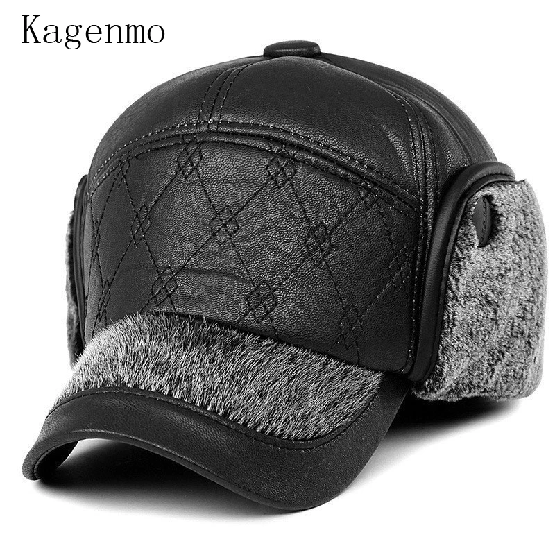 Kagenmo Woolen fur male warm winter hat  windproof breathable cap ear protection man baseball caps bone leather visor