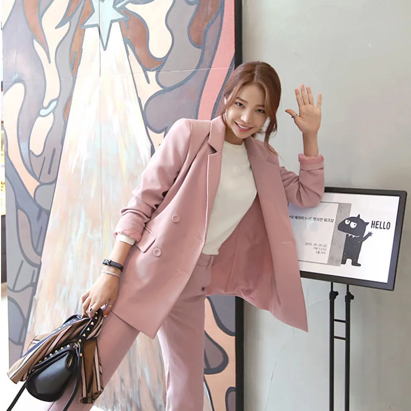 

2018 Spring and Autumn Fashion New Korean Double Breasted Pink Small Blazer Casual Pants Two-piece Women's Office OL Set TB18502