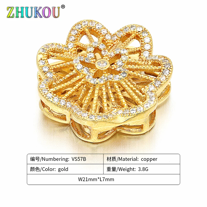 21mm Handmade Brass Cubic Zirconia Hollow Gold color Flower Charms Connectors DIY Jewelry Bracelet Necklace Making, Model: VS57