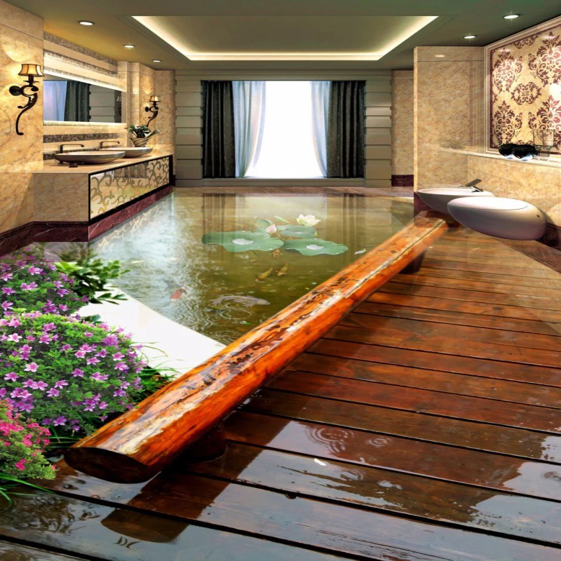 

Custom Photo Wallpaper Chinese Style Park Wood Bridge Floor Murals Living Room Bedroom Bathroom PVC Waterproof Floor Sticker 3 D