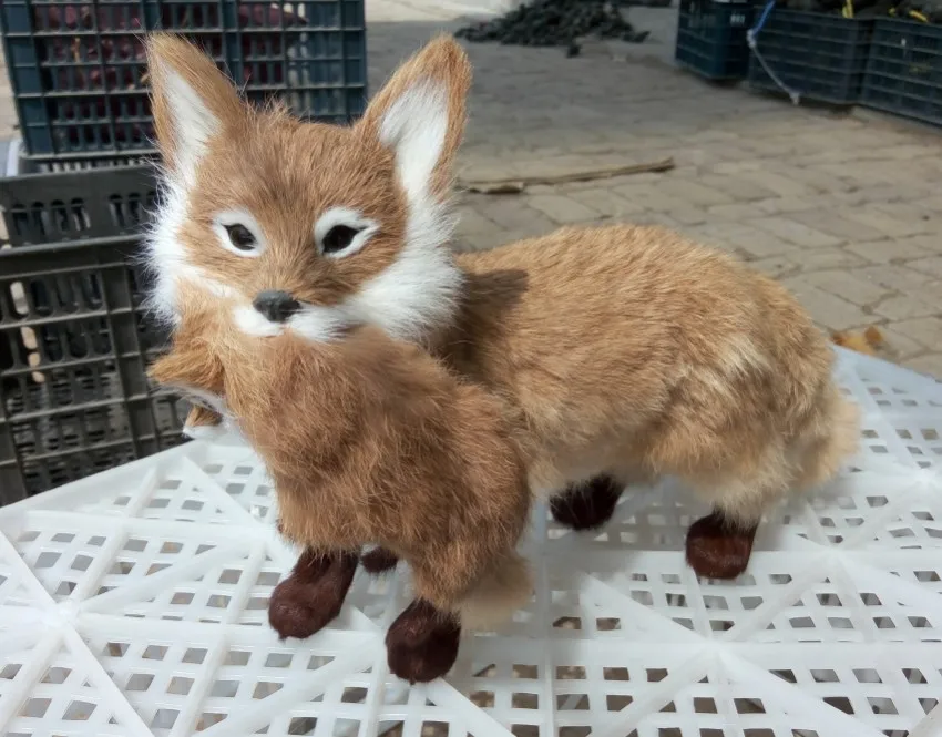 

simulation cute mother and child foxes 35x22cm model polyethylene&furs fox model home decoration props ,model gift d450