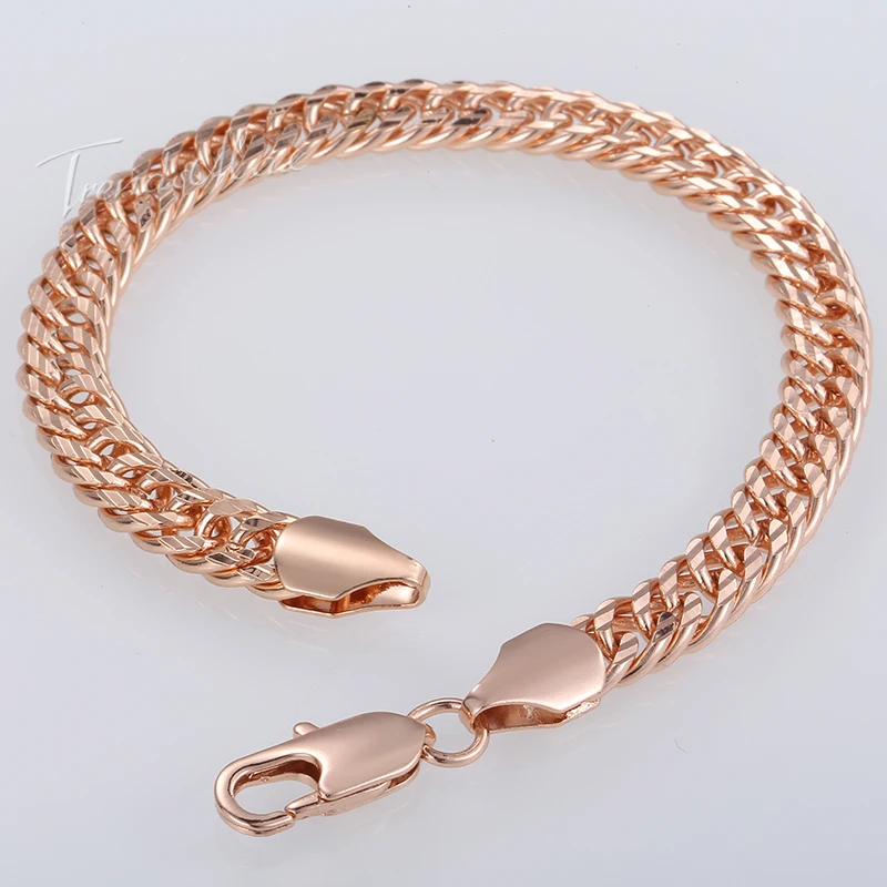 7mm Rombo 585 Rose Chain Yellow Gold Color Bracelet for Women Cut Double Curb Cuban Link 18-25cm GB294A