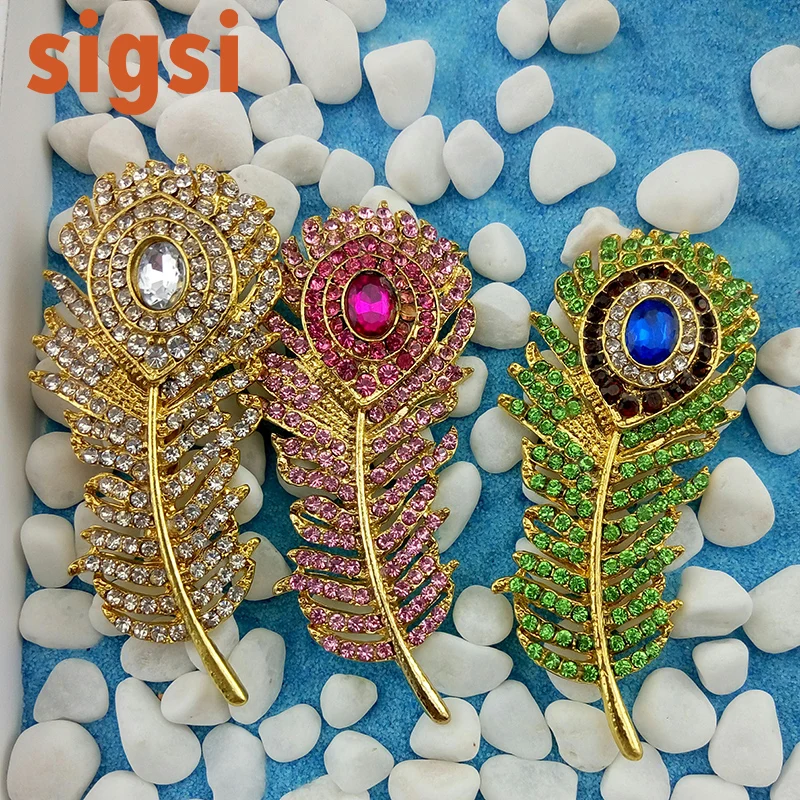 

Fashion 65mm jewelry accessories pink leaf feather shape crystal rhinestone Korea brooch Safety pin