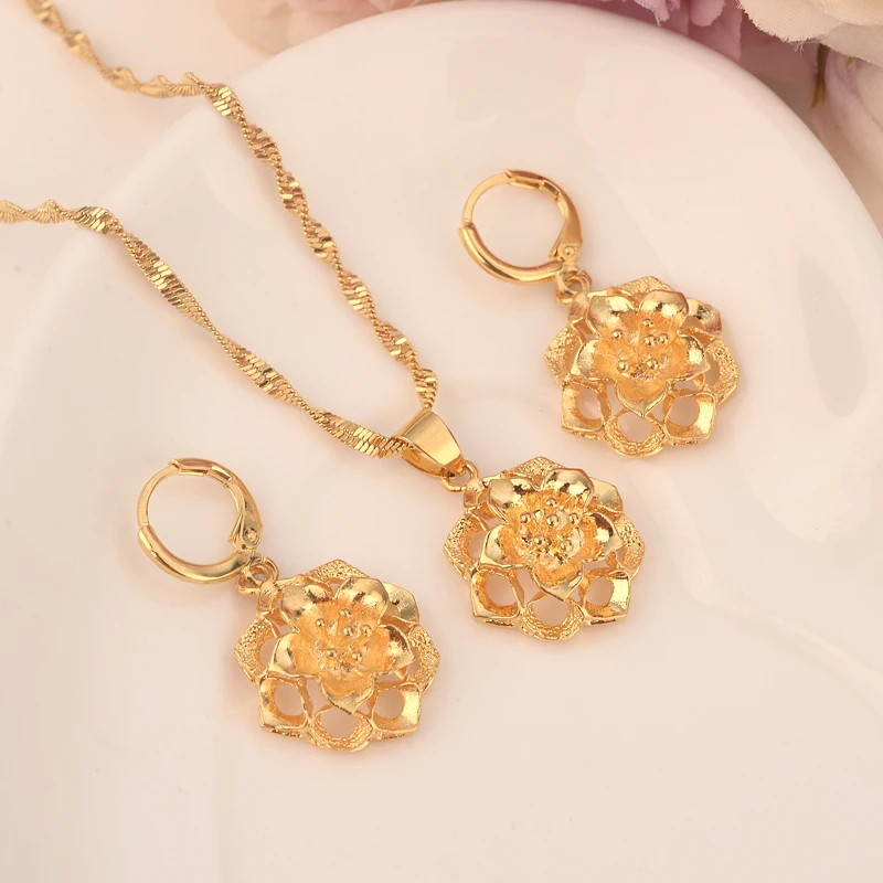 Bangrui Ethiopian Gold Color Flower set Jewelry Pendant Chain Earrings African Bride Wedding Flower Bijoux