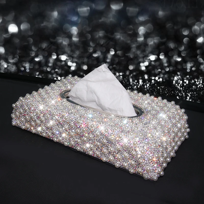 Luxury Pearls Car Tissue Box Crystal Diamond Block type Tissue Boxes Holder for Women Paper Towel Cover Case Car Styling