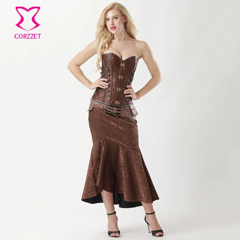 Corzzet Vintage Brocade Steel Boned Chain Overbust Corset Steamopunk Skirt Sexy Slim Bustiers Gothic Corset Sets