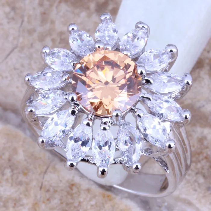 Romantic Brown Morganite White CZ Silver Plated  Women's Jewelry Ring Size 6 / 7 / 8 / 9 R0371
