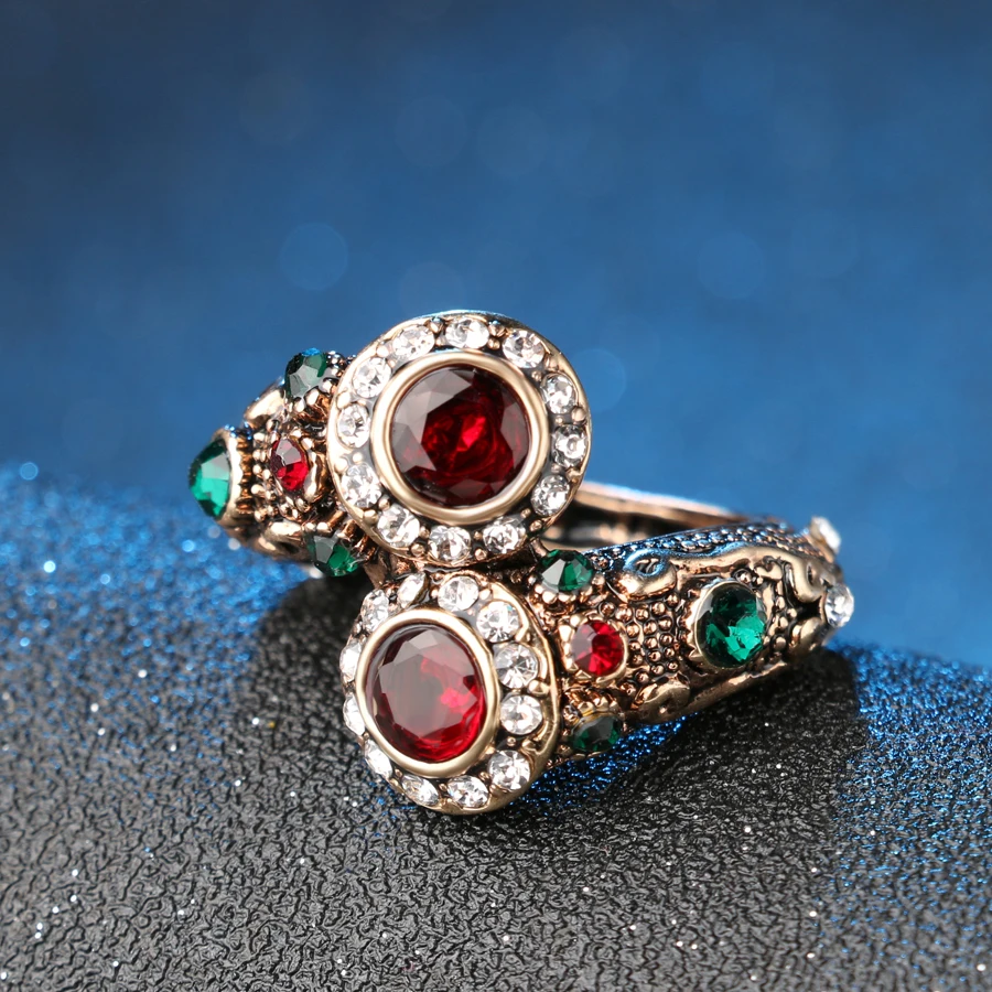 Turkish Red Rings Antique Gold Color Women\'s Jewelry Double Head Red Gem Stone Finger Ring Free Shipping