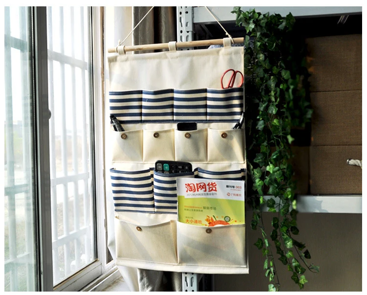 Cotton Linen 12 Pockets Closet Door Home Wall Hanging Organizer Storage Stuff Bags Pouch Navy Blue stripe style