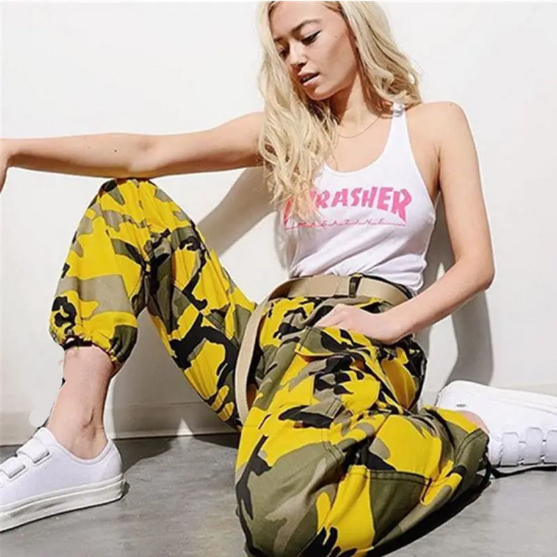 Fashion Women Camo Cargo High Waist Hip Hop Trousers Pants Military Army Combat Camouflage Long Pants Hot Capris