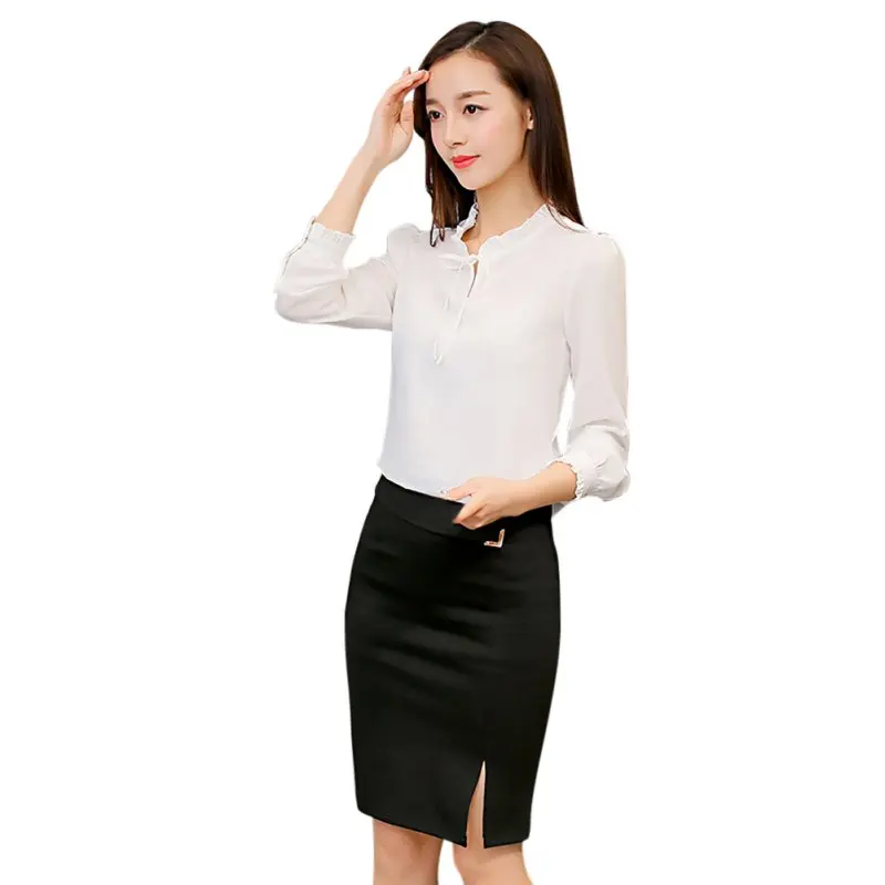 Spring  Women Blue Shirts Long Sleeve Stand Collar Bow Blouses Elegant Ladies Chiffon Blouse Tops Fashion Office Work Wear