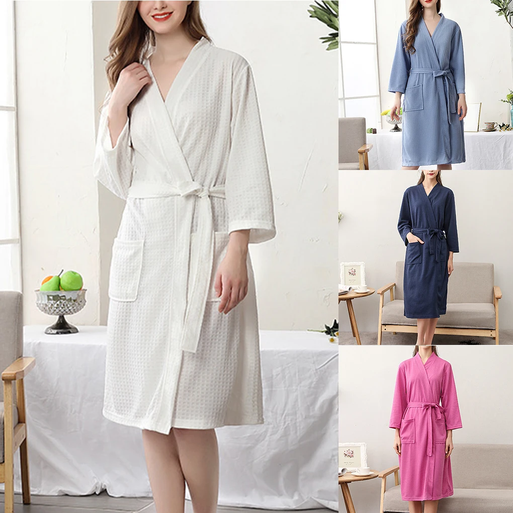 Women Water Absorption Bath Robe Solid Waffle Bathrobe Spa Home Dress Nightgown