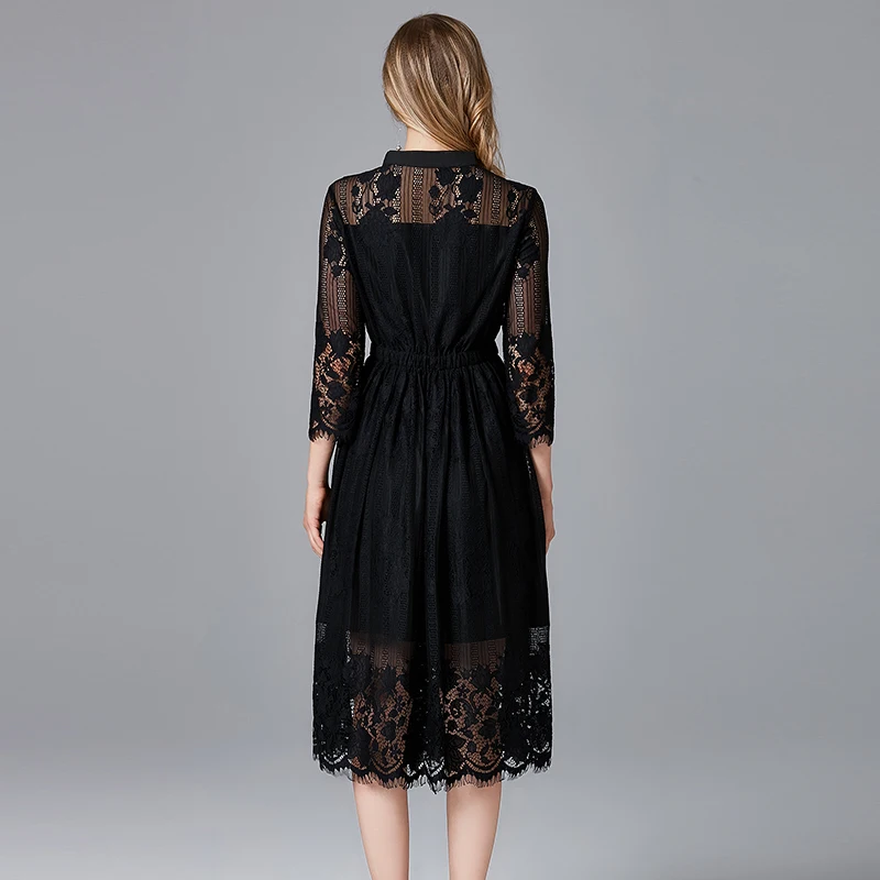 Taoyizhuai brand lace dress spring and autumn new European and American fashion black elastic waist eyelash versatile dress