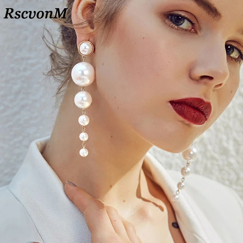 RscvonM Trendy Elegant Created Big Simulated Pearl Long Earrings Pearls String Statement Dangle Earrings For Wedding Party Gift