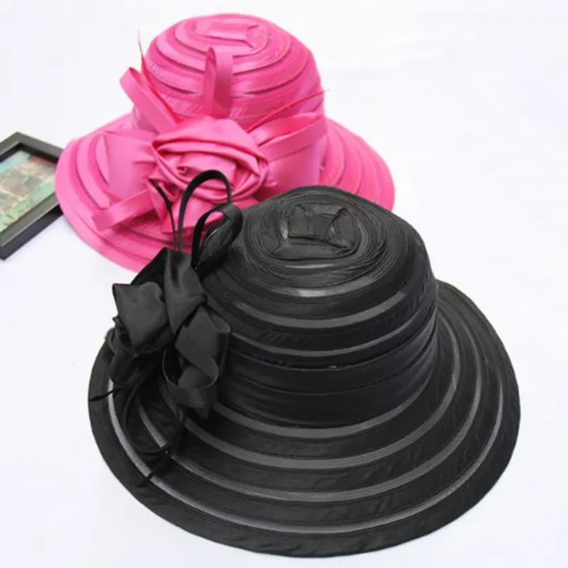 New Fashion Women Summer Organza Sun Hats Wide Brim With Big Flower Fedora Hat Elegant Ladies Wedding Church Party Hat