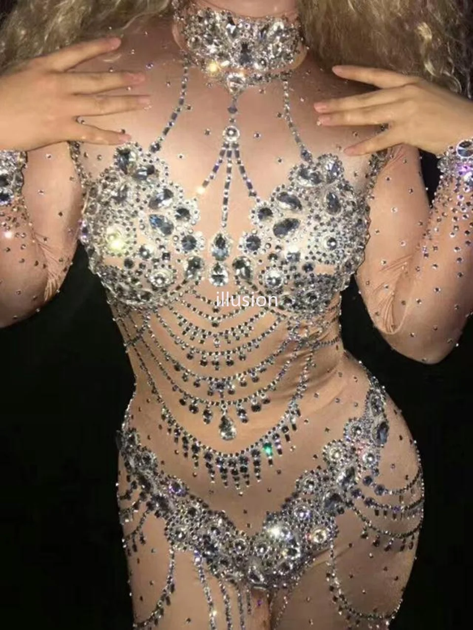 Sparkly Strass Nude Overall Frauen Dance Kostüm Bling Big Kristall Strampler Outfit Diamant Body Party Feiern Club Tragen