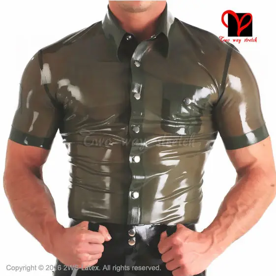 Camiseta de látex militar, uniforme de borracha camiseta com botões gola virada para baixo, roupa transparente de verão